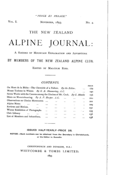 New Zealand Alpine Journal 1893 Vol 1 No 4 cover